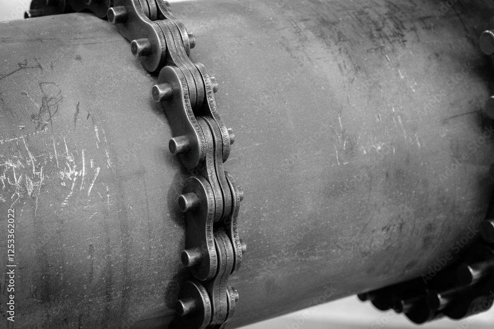 Poster chain is wrapped around a metal pipe. the chain is rusty and has many holes. the chain is attached t