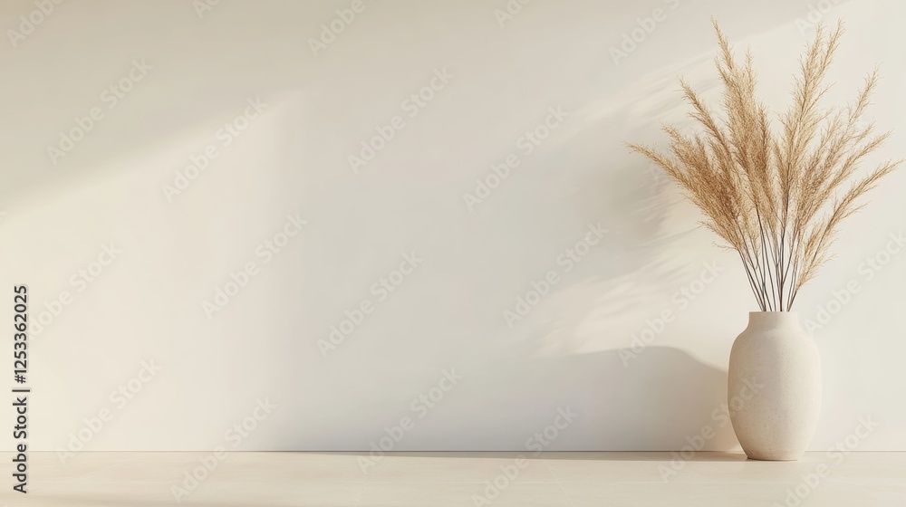 Poster white vase with dried grass in it sits on a white wall. the vase is the only object in the room, and