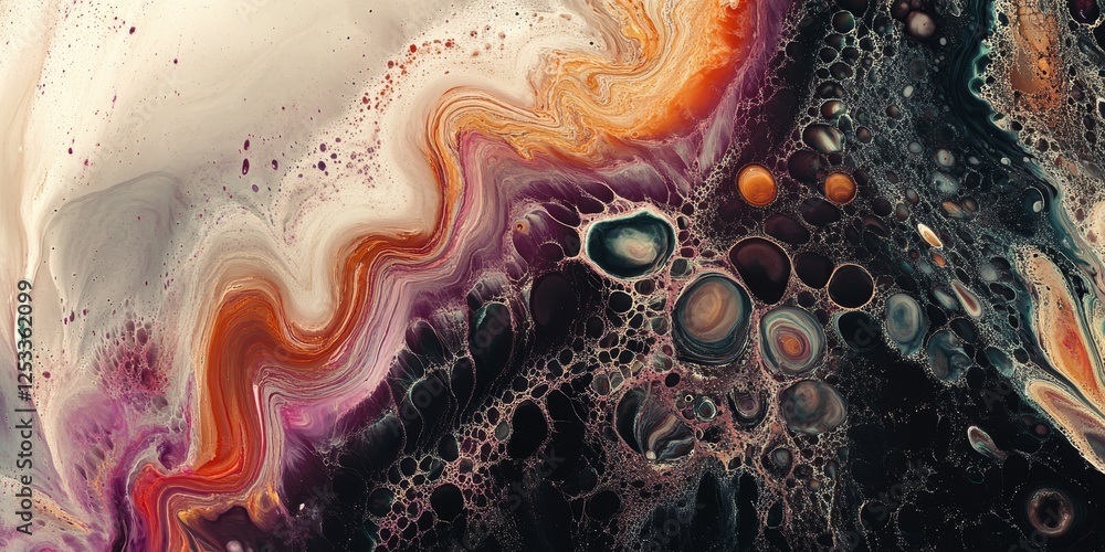 Poster abstract scene where abstract fluid art reveals intricate and organic patterns, using a mix of vibrant and muted colors to evoke a sense of depth and movement in a captiv