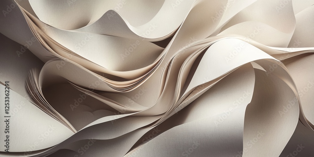 Poster abstract visual with paper textures that highlight the interplay of light and shadow on various paper surfaces, creating a sophisticated and immersive design with a touch