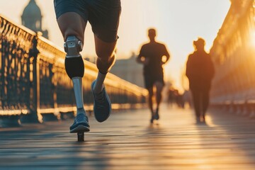 Obraz premium A man with a prosthetic leg runs on a city bridge walkway at sunrise.
