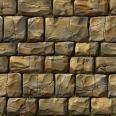 Fototapeta premium Seamless stone brick wall texture with cracks and moss. Game asset for fantasy, medieval, and RPG environments. Hand-painted digital illustration for design and backgrounds.