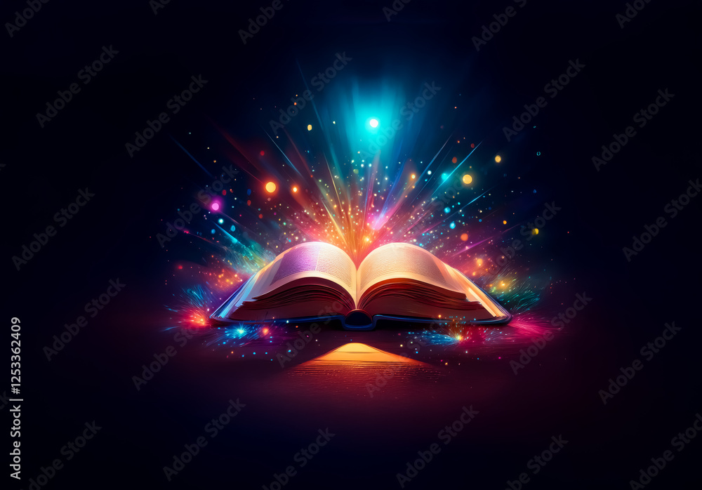 Aufkleber an open book radiates magical light and vibrant sparkles against a dark background, creating an ench