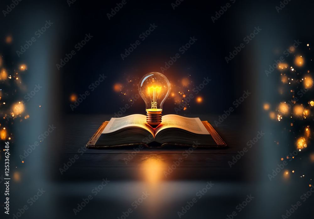 Aufkleber a lightbulb brightly illuminates an open book in a dark setting with bokeh lights. the scene represe