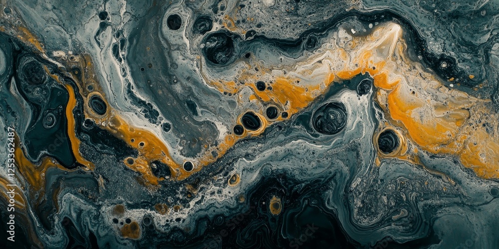 Poster abstract scene where abstract fluid art reveals intricate and organic patterns, using a mix of vibrant and muted colors to evoke a sense of depth and movement in a captiv