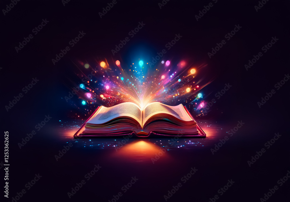 Aufkleber an opened book emits magical glowing light and colorful particles, creating a sense of wonder and my