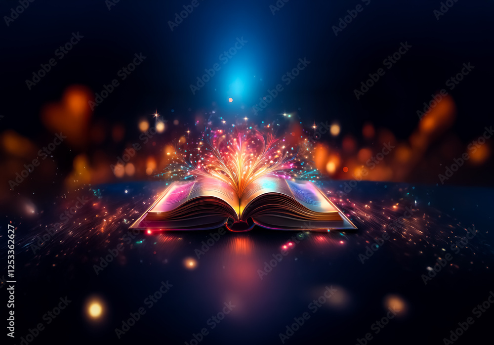 Aufkleber an open book emits a bright light and magical sparkles against a dark backdrop, creating an enchanti