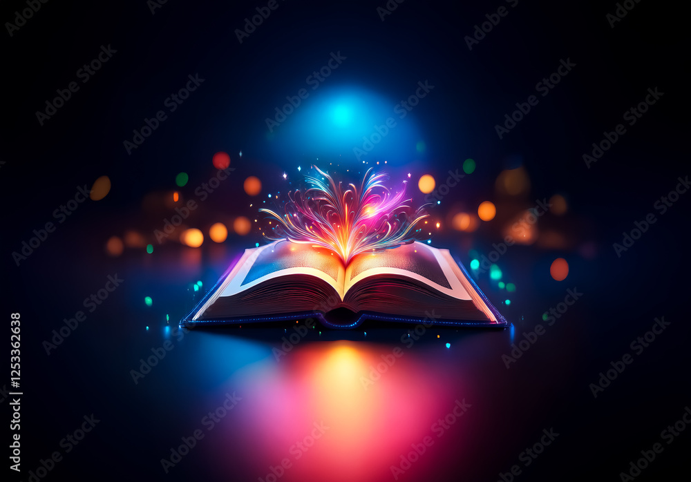 Aufkleber an opened book glows with magical light, radiating knowledge and wonder. vibrant bokeh lights on a d