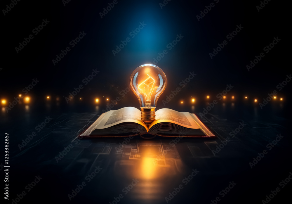 Poster a glowing lightbulb illuminates an open book in the dark, symbolizing bright ideas emerging from kno