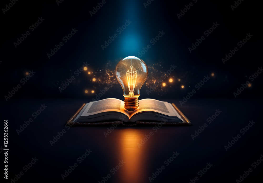 Aufkleber illuminated bulb rests on an open book against a dark backdrop with soft, golden light particles, sy