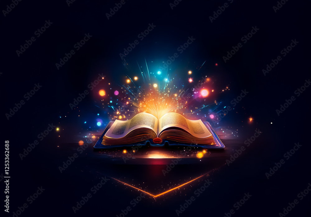 Aufkleber open book emitting bright magical light and sparkles on a dark background. mysterious and enchanting