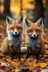 Two Red Foxes Sitting Among Autumn Leaves