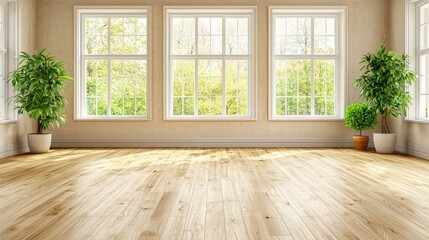 Bright and Airy Modern Loft Room with Wooden Flooring and Large Windows Overlooking a Green Landscape