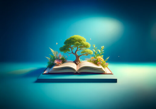 Open book on a blue platform showing a tree sprouting from its pages, surrounded by flowers and butterflies, representing knowledge and nature.