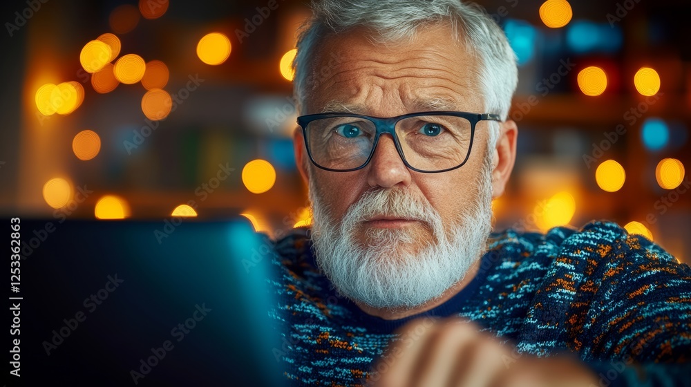 Poster man with glasses is sitting in front of a laptop computer. he is looking at the screen with a seriou