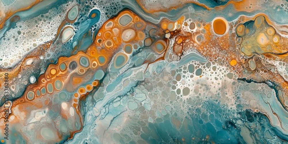 Poster abstract scene where abstract fluid art reveals intricate and organic patterns, using a mix of vibrant and muted colors to evoke a sense of depth and movement in a captiv