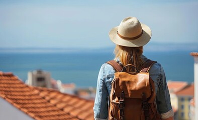 A woman tourist savors the scenic overlook of Lisbon's cityscape in Portugal