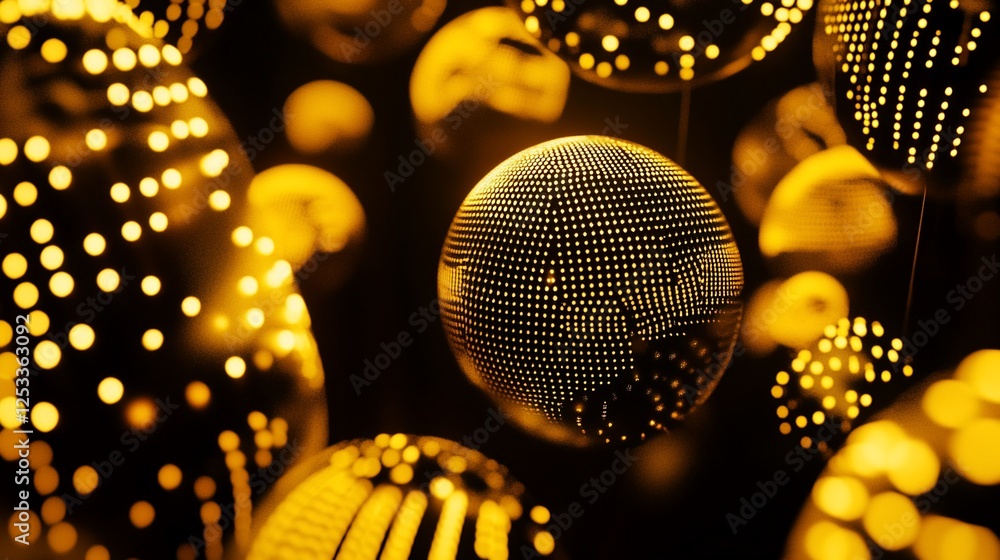 Poster golden orbs floating in darkness with luminous dots creating an abstract scene