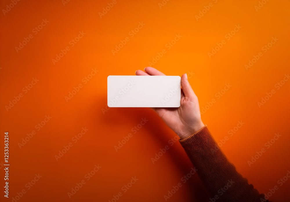 Poster hand holds a white rectangular object against a vibrant orange backdrop. minimalist shot with brown 