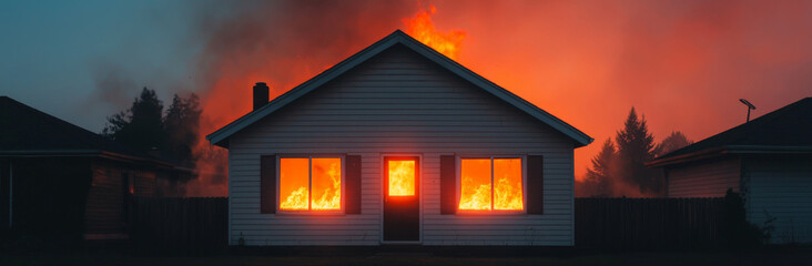 house engulfed in flames, with bright orange fire illuminating windows, creating dramatic and intense scene