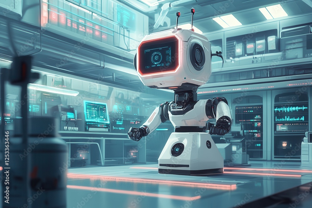 Poster illustration of a futuristic robot in a high-tech lab - ai generated .