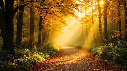 Golden Sunlight Path Through Autumn Forest.
