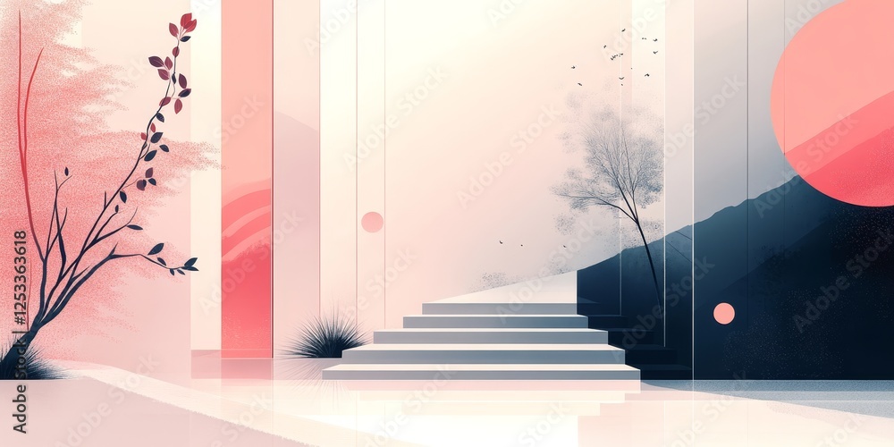 Poster abstract scene where minimalist illustrations are used to craft a refined and modern composition, emphasizing the beauty of basic forms and subtle details within a clean