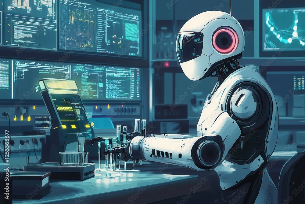 Poster illustration of a futuristic robot in a high-tech lab - ai generated .