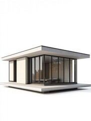 Modern Architectural Marvel: A minimalist, contemporary building with large glass walls that creates a seamless transition between indoor and outdoor spaces, emphasizing clean lines, simplicity.