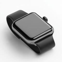 A smartwatch, tech gadget, round dial with silicone strap, black, isolated on white background