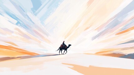 Fototapeta premium Desert landscape vector art with sand dunes, camels and a person, Perfect for Islamic or Eid themed designs