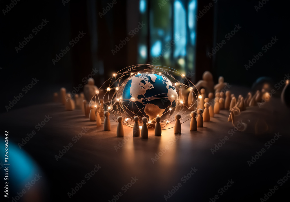 Poster wooden figures encircling a glowing globe, linked by illuminated lines, represent a connected world 