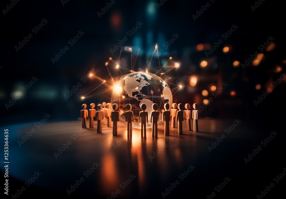 Fototapete a group of wooden figures encircles a glowing globe, interconnected with bright lines against a dark