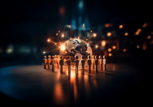 A group of wooden figures encircles a glowing globe, interconnected with bright lines against a dark, blurred backdrop, symbolizing global network and unity.