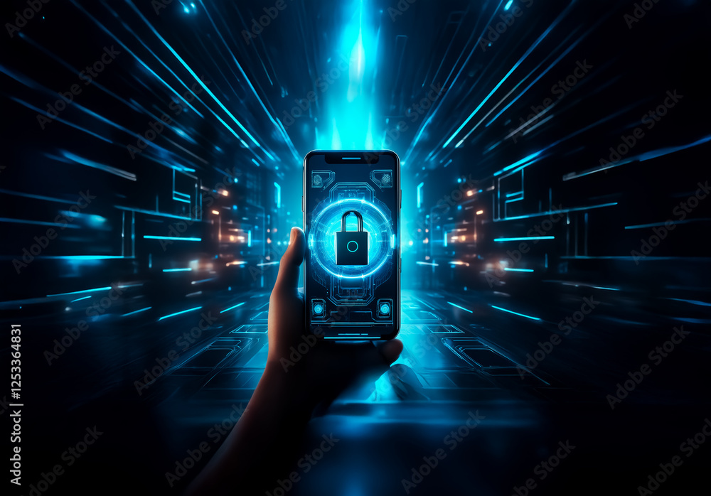 Fototapete Hand holds glowing smartphone displaying padlock icon. Cybernetic blue light streaks and digital patterns surround the secure mobile device, suggesting data protection.