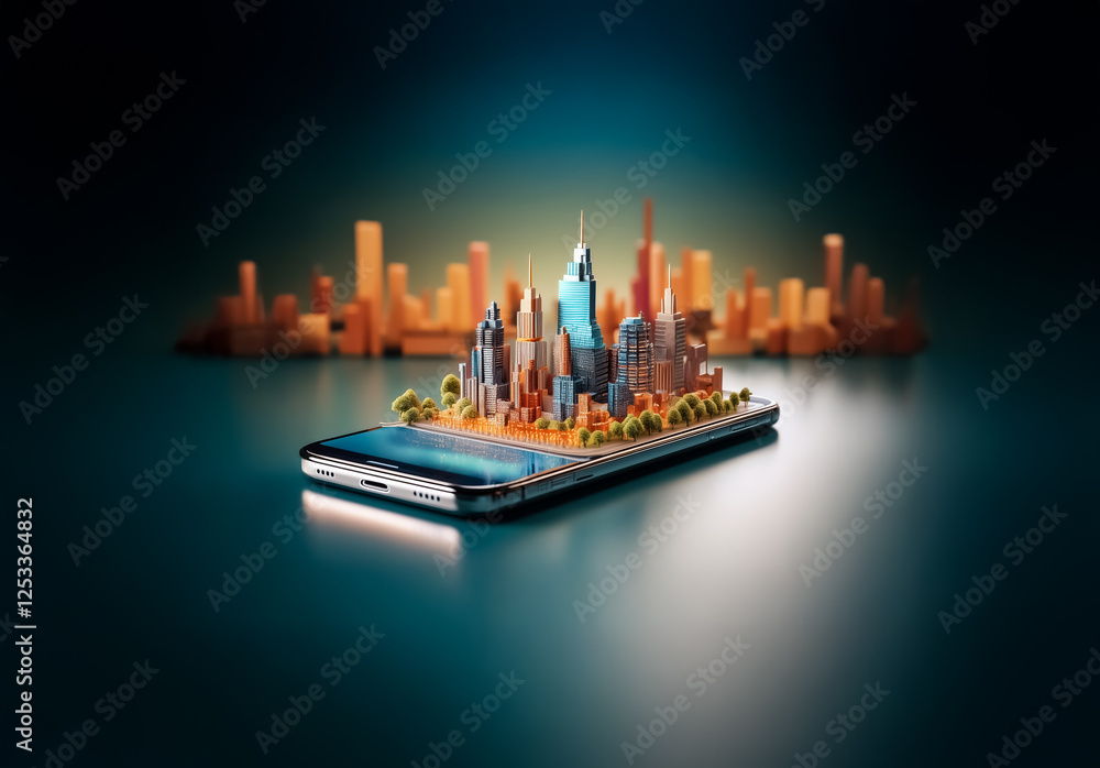 Poster a vibrant miniature city rests atop a sleek smartphone, illuminated against a blurred backdrop. colo