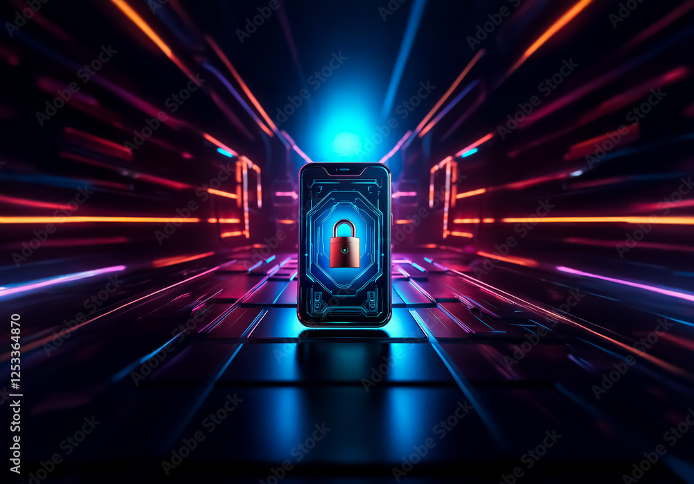 Aufkleber A secure mobile phone with a padlock on screen is illuminated by vibrant neon lights and futuristic geometric lines, creating a digital technology scene.