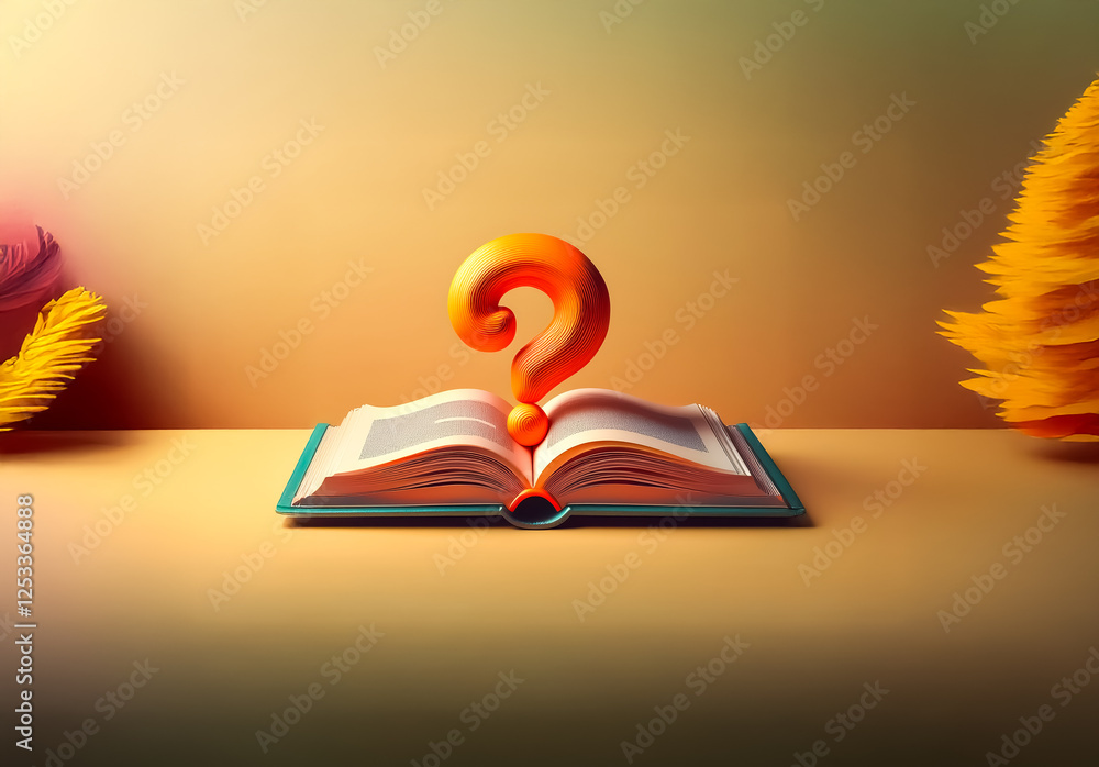Aufkleber open book with an orange question mark floating above it, set on a smooth gradient backdrop. depicts