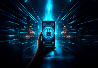 Hand holds glowing smartphone displaying padlock icon. Cybernetic blue light streaks and digital patterns surround the secure mobile device, suggesting data protection.