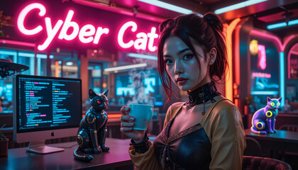 Fototapeta premium Cyberpunk-style woman in a futuristic cat café