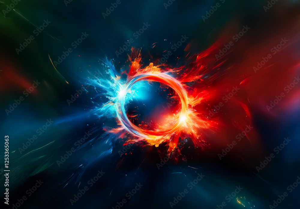 Poster A vibrant ring of fire and ice bursts forth against a dark backdrop, showcasing a dynamic and energetic abstract design with contrasting colors and luminous effects.