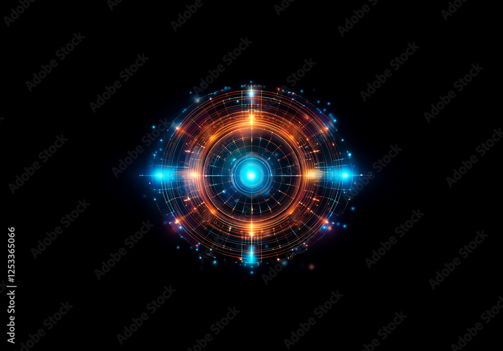 Poster circular futuristic element with glowing blue and orange lights on a black backdrop. abstract design