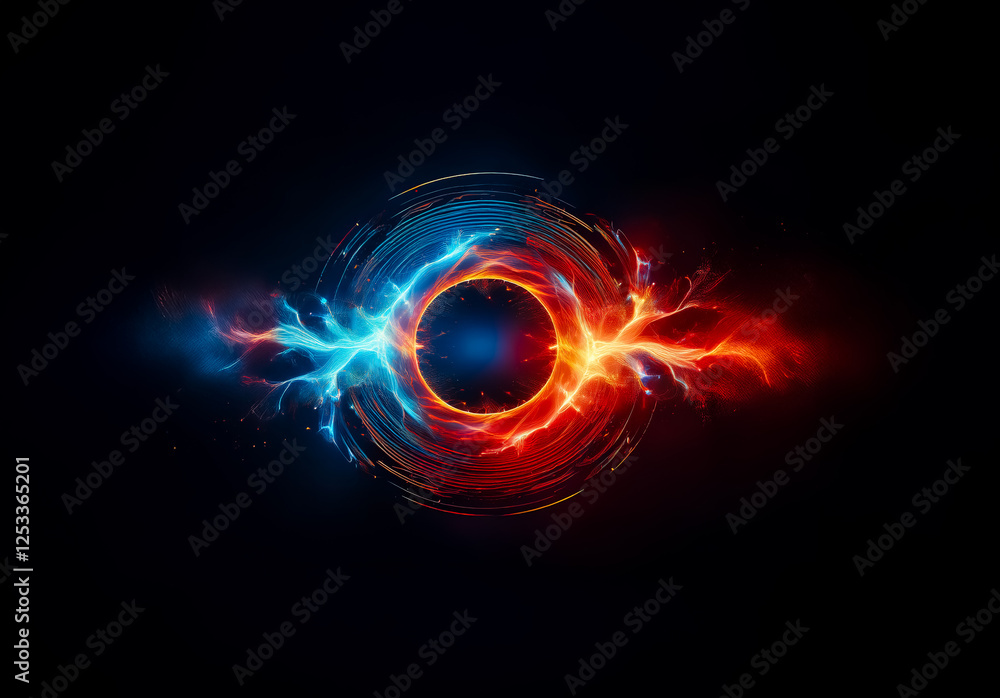 Poster Vibrant abstract circular design featuring contrasting blue and red energy streams swirling around a central point on a dark backdrop. Dynamic and intense visual.