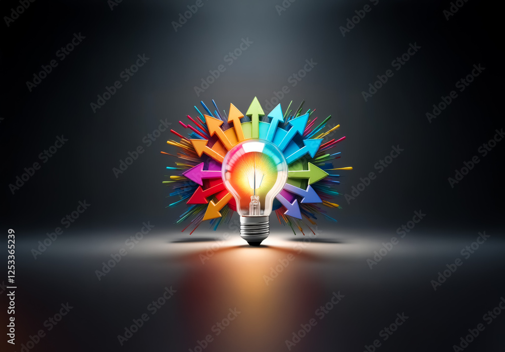Poster a vibrant lightbulb radiates bright light surrounded by colorful arrows pointing in various directio