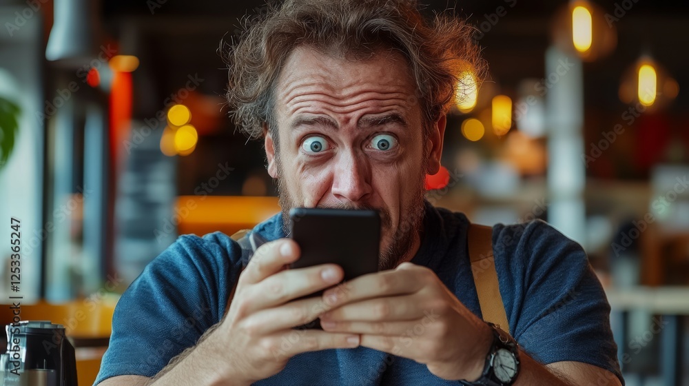 Poster man with a beard and a surprised expression is holding a cell phone. he is looking at the screen wit