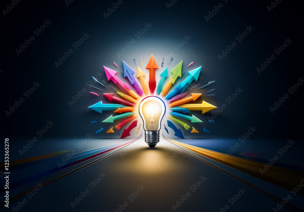 Aufkleber bright light radiates from a central lightbulb, surrounded by a burst of colorful arrows pointing ou