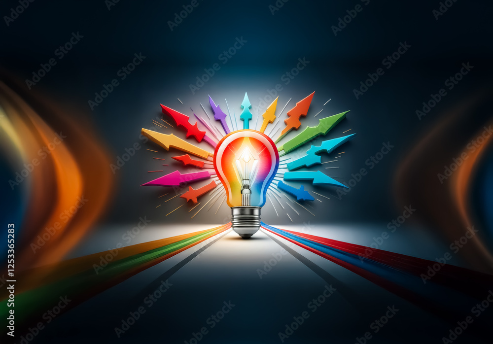 Poster a radiant light bulb emits bright light with colorful arrows pointing outwards, illustrating ideas s