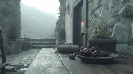Medieval village courtyard, candlelit table, dates, book