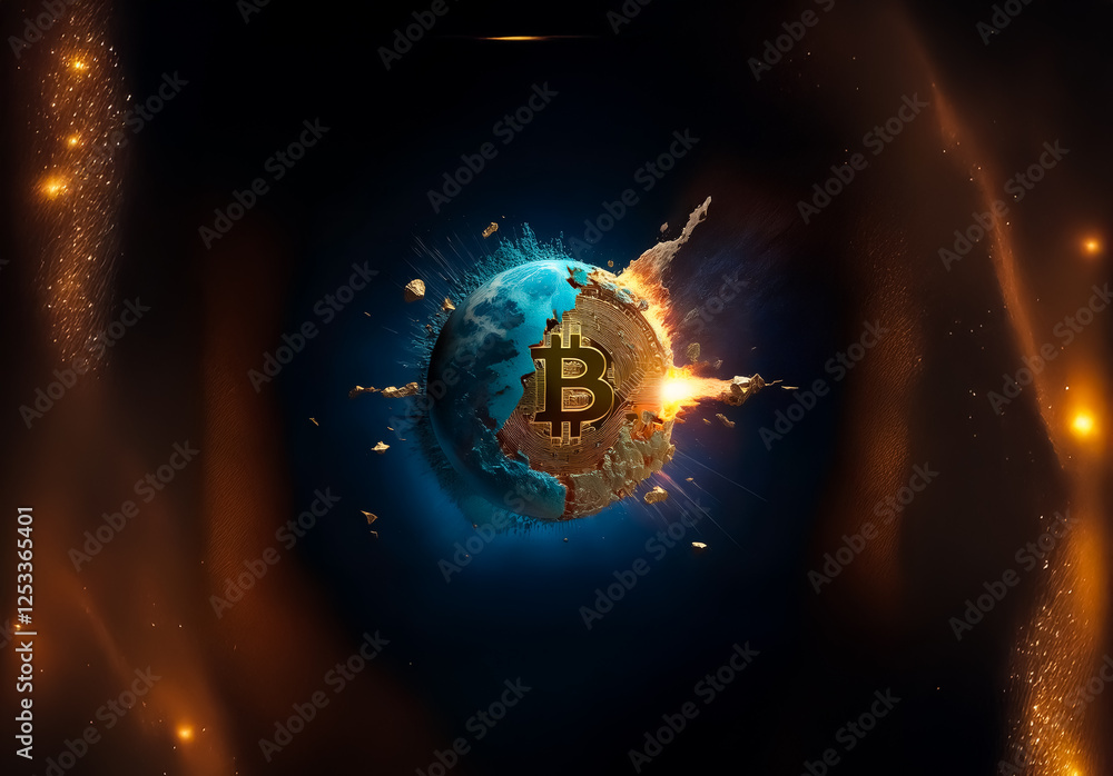 Poster A digital globe with a bitcoin symbol at its core is depicted exploding with orange fire and energy. Glowing sparks and particles surround the planet on a dark cosmic backdrop.