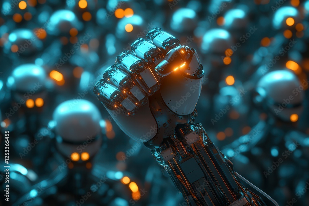 Poster illuminated robotic fist raised against a backdrop of numerous androids. symbol of ai revolution.